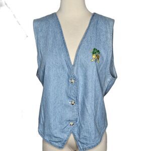 Vintage FLD Denim Vest Women’s Large Embroidered Clover 100% Cotton‎ USA